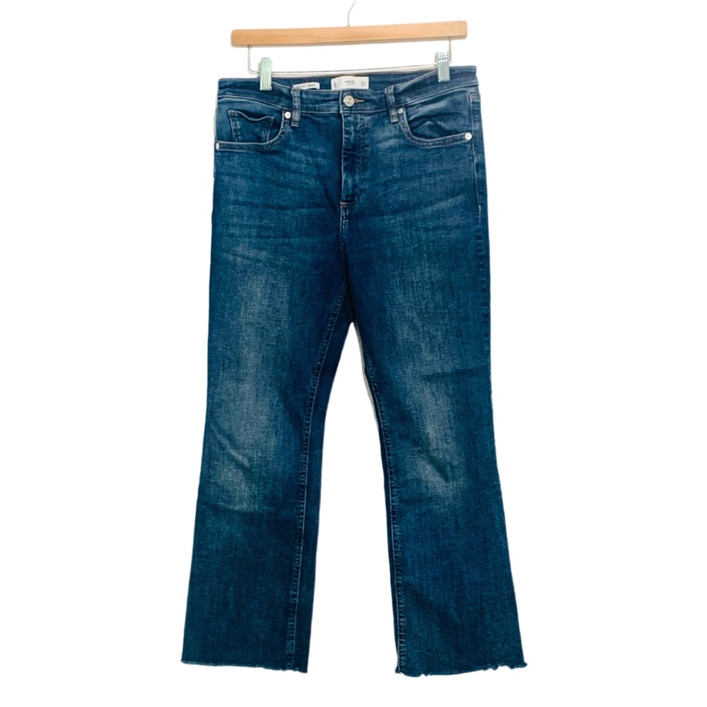 MNG Denim Boot Crop Jeans Frayed Hem Size 8 Dark Wash High Waist